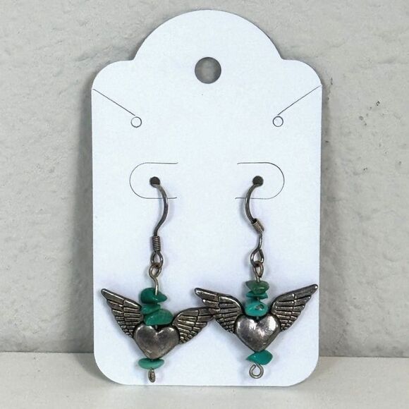 Silver Turquoise Heart Wing Drop Earrings - Picture 2 of 4